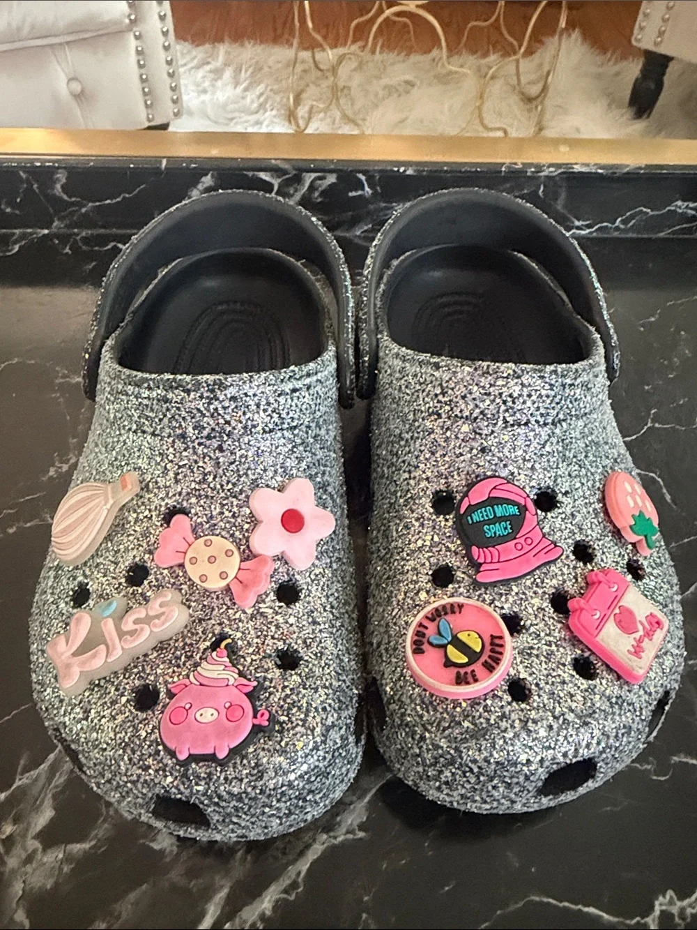 CROCS Glitter Kids Clogs with Pink Charms
